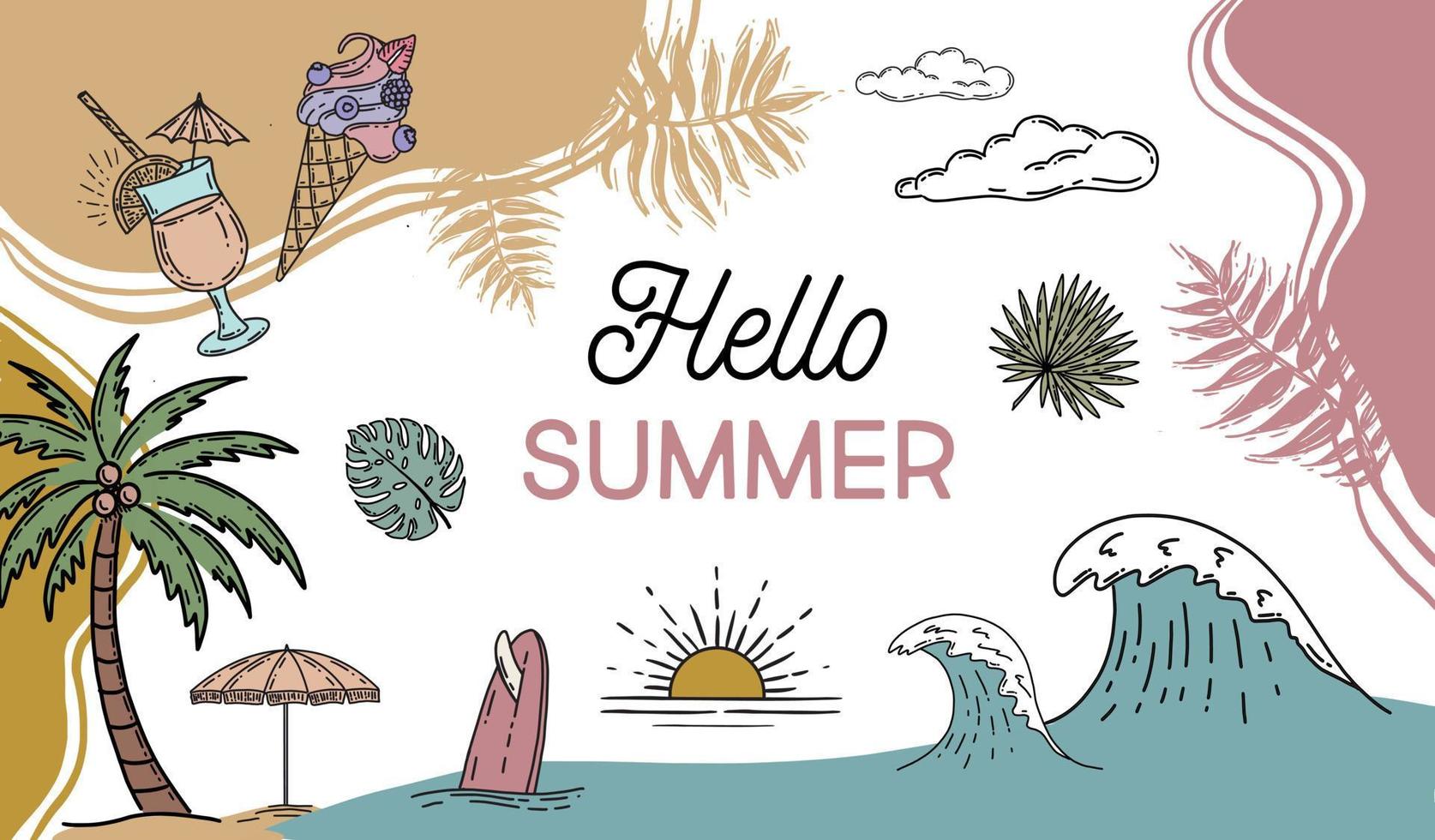 Summer icon set, hand drawn illustration. vector