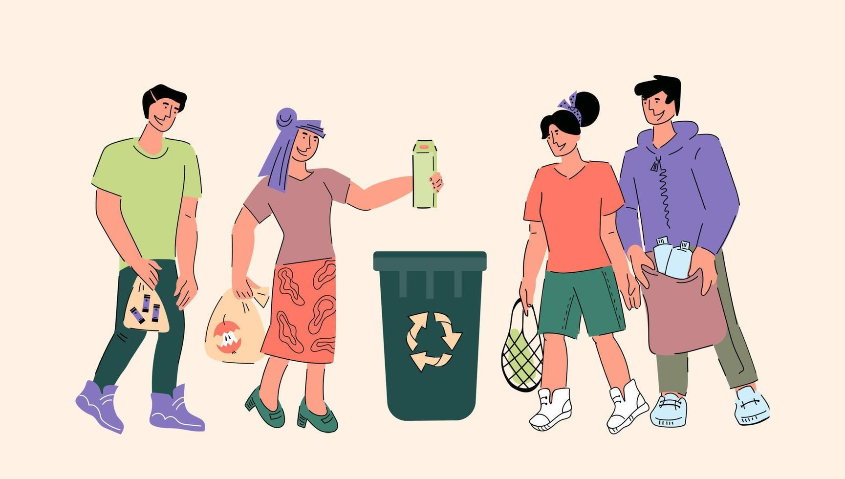 pancarta de clasificación y reciclaje de residuos ecológicos con personajes de personas, boceto de ilustración vectorial de dibujos animados. cubo de basura para plástico, vidrio y basura orgánica. medio ambiente y conservación de la naturaleza. vector