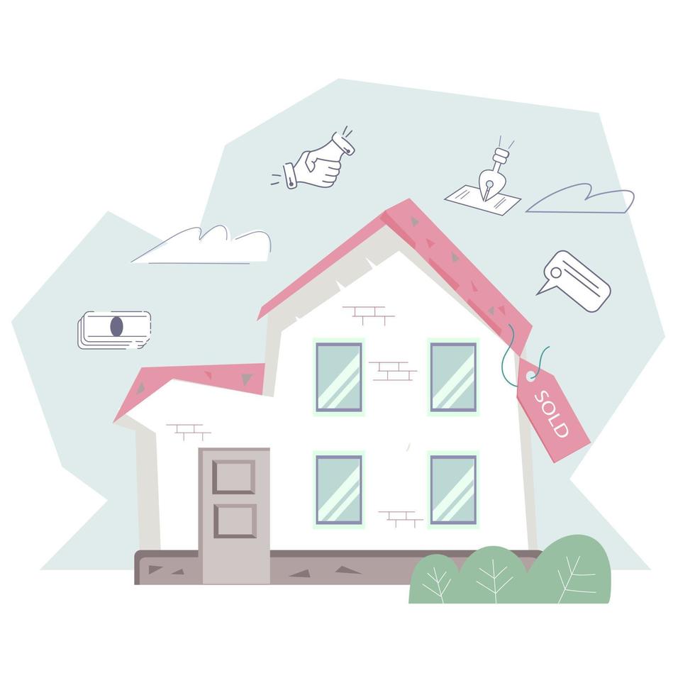 emblema de agencia inmobiliaria o elemento de logotipo con casa vendida, ilustración vectorial plana aislada en segundo plano. emblema o pancarta de venta de propiedad. vector