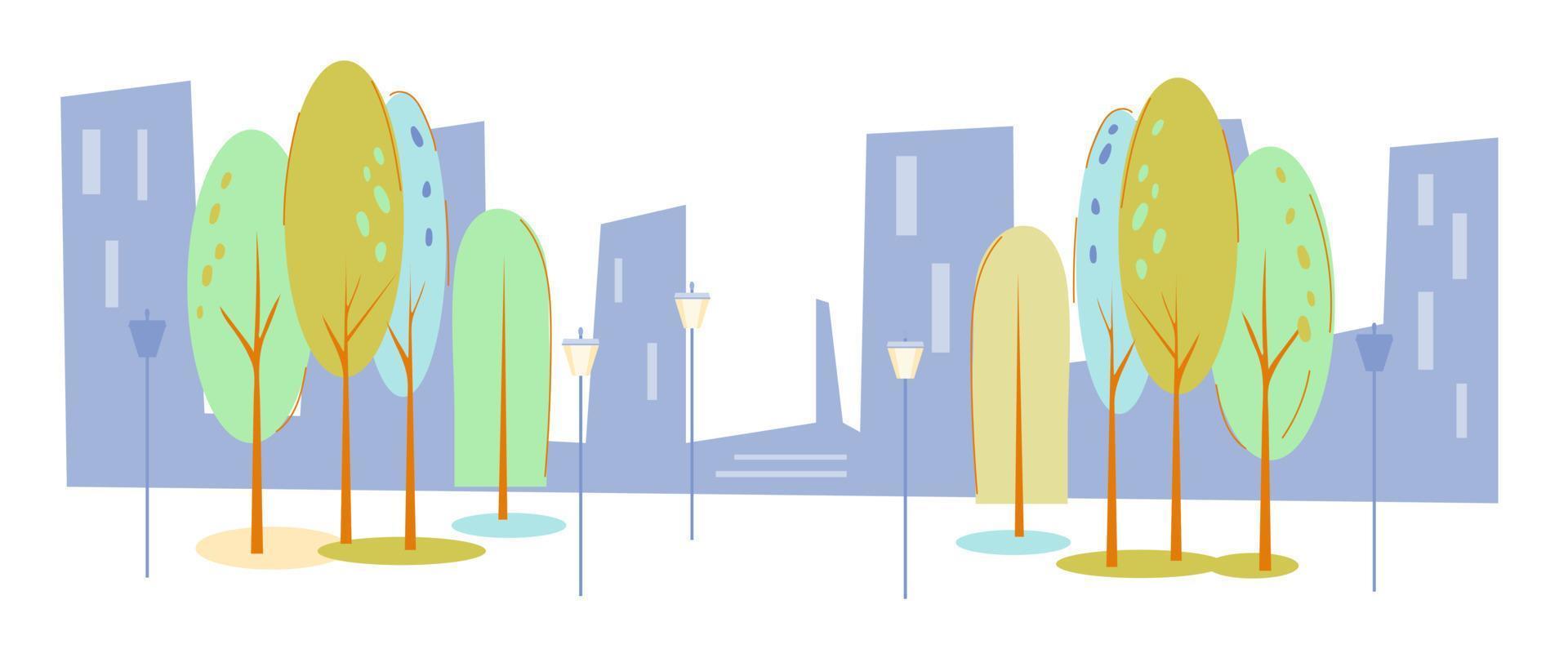 el horizonte de la ciudad moderna con árboles y rascacielos, ilustración vectorial plana aislada en el fondo blanco. banner horizontal de paisaje urbano de verano o primavera. edificios de la ciudad y telón de fondo del parque. vector