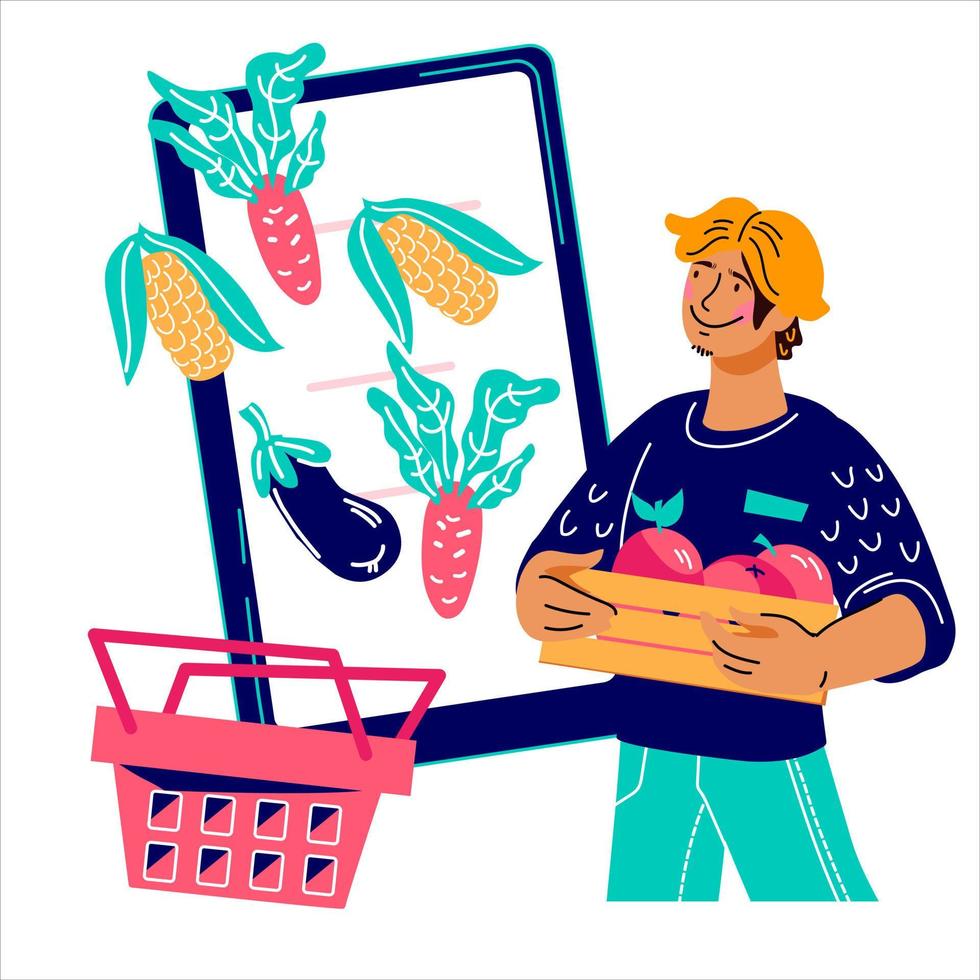 agricultor con cosecha en el fondo del teléfono móvil, ilustración vectorial de caricatura plana aislada en el fondo. mercado agrícola y de alimentos agrícolas, tienda vegetariana en línea. vector