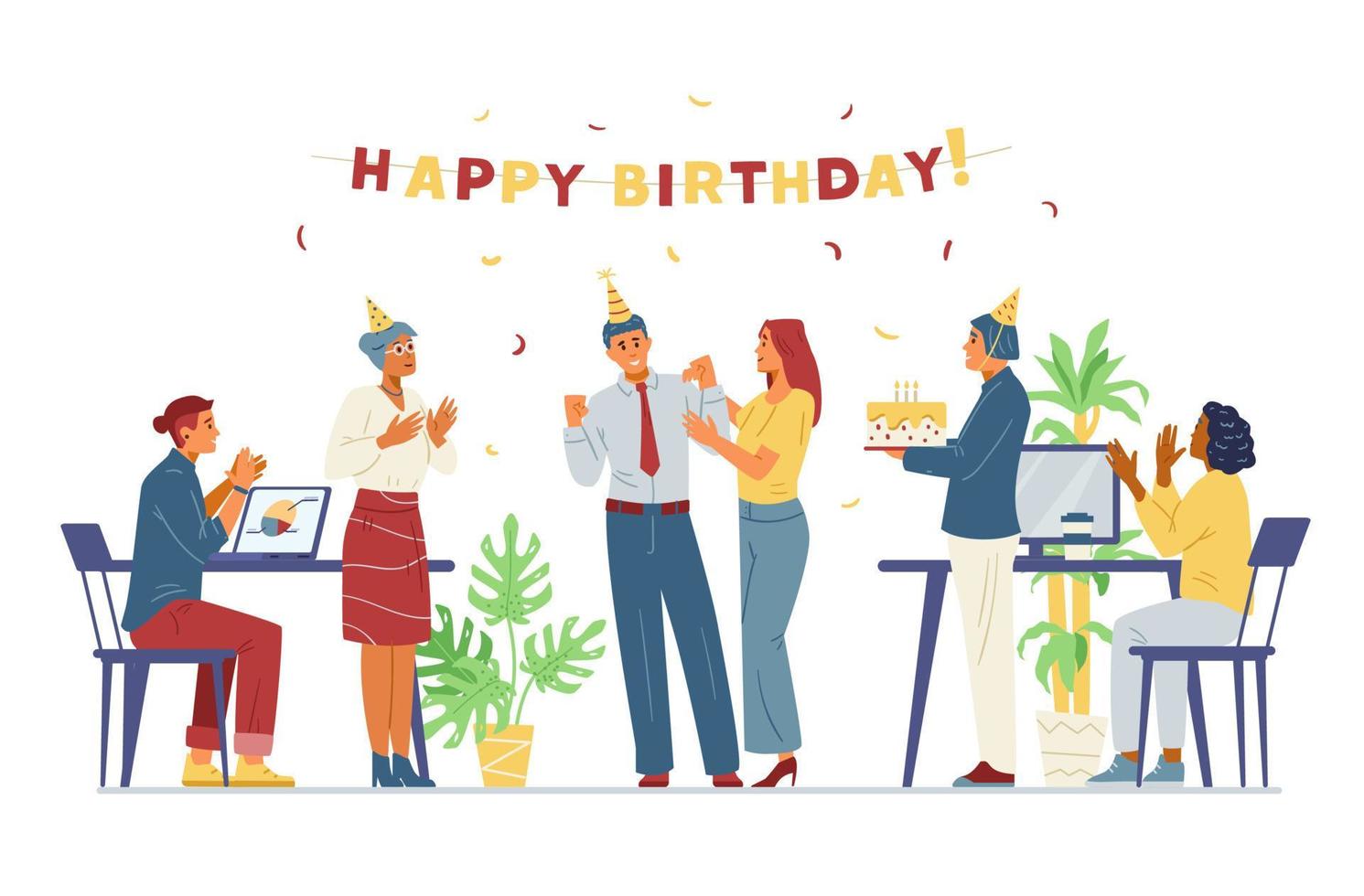 Multiracial business team celebrates colleague's birthday in the office flat vector illustration. Cheerful men and women congratulate coworker, applauding, bringing birthday cake.