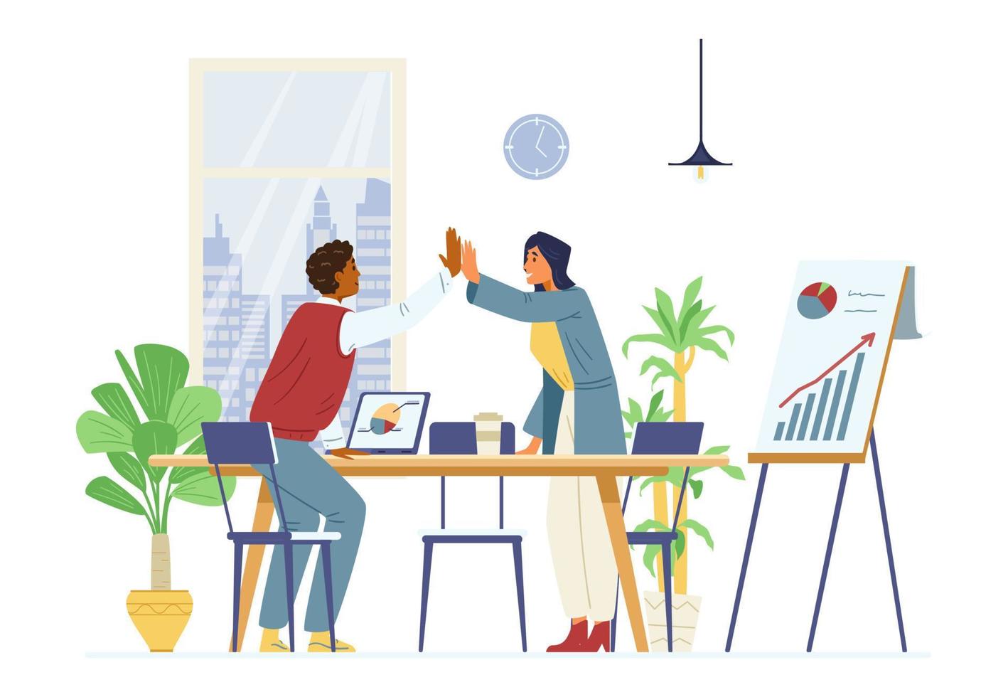 Business colleagues celebrates successful project flat vector illustration. African american man and woman coworkers giving hight five. Office interior.