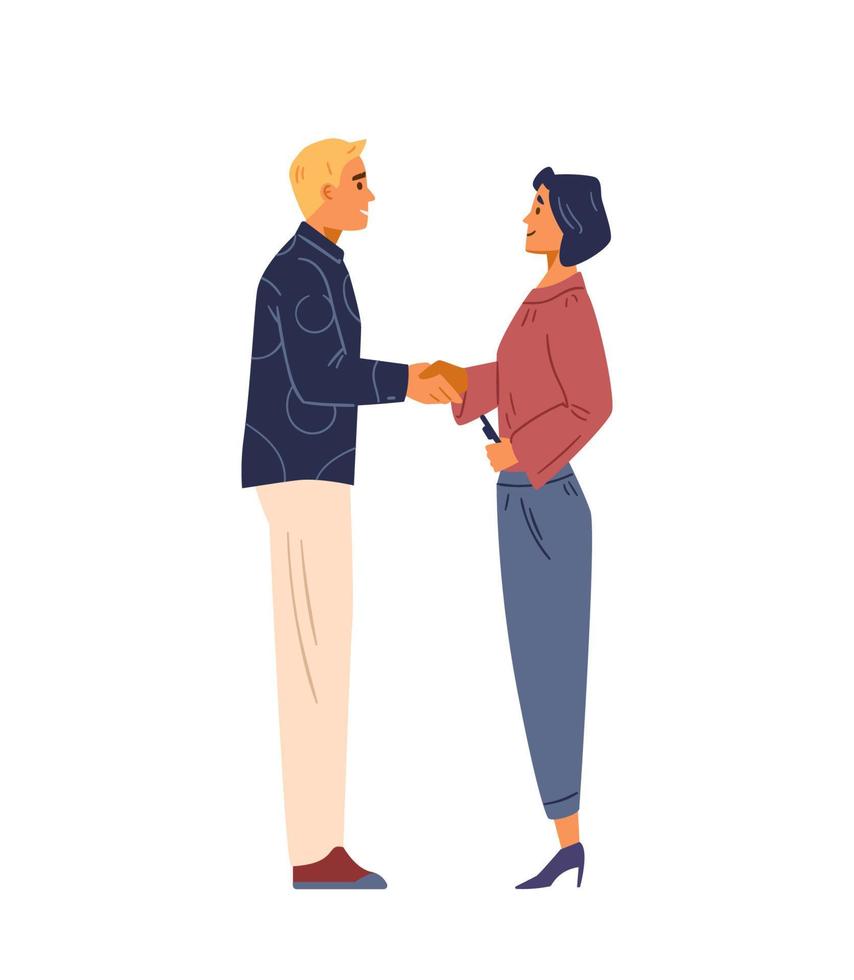 Colleagues man and woman standing shaking hands flat vector illustration. Isolated.
