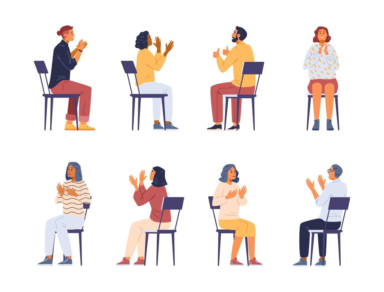 Different people applauding sitting on chairs flat vector illustrations set.