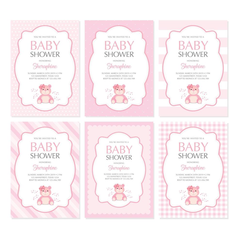 set of baby shower girl invitation with cute pink bear vector