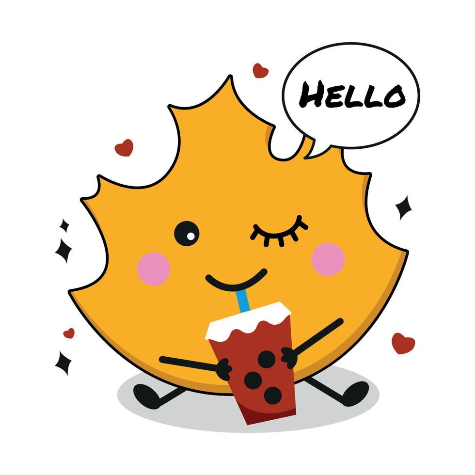 Cute kawaii autumn leaf drinking bubble milk tea cartoon hand drawn vector