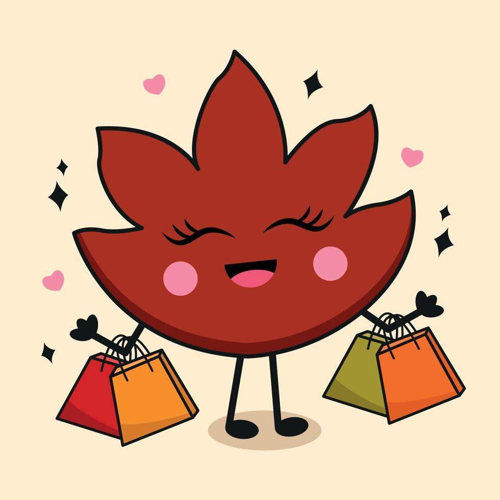 linda hoja de otoño con el personaje de la mascota del logotipo de la bolsa de compras vector