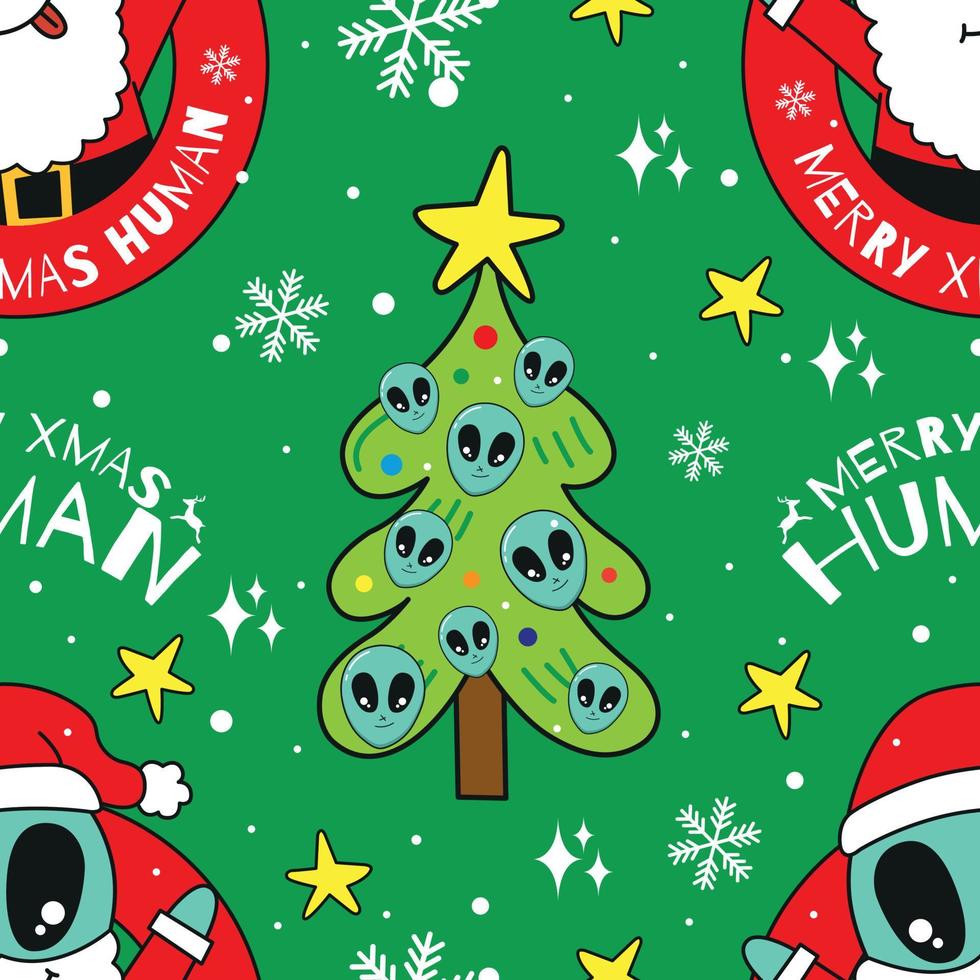 santa alien and christmas tree seamless pattern vector