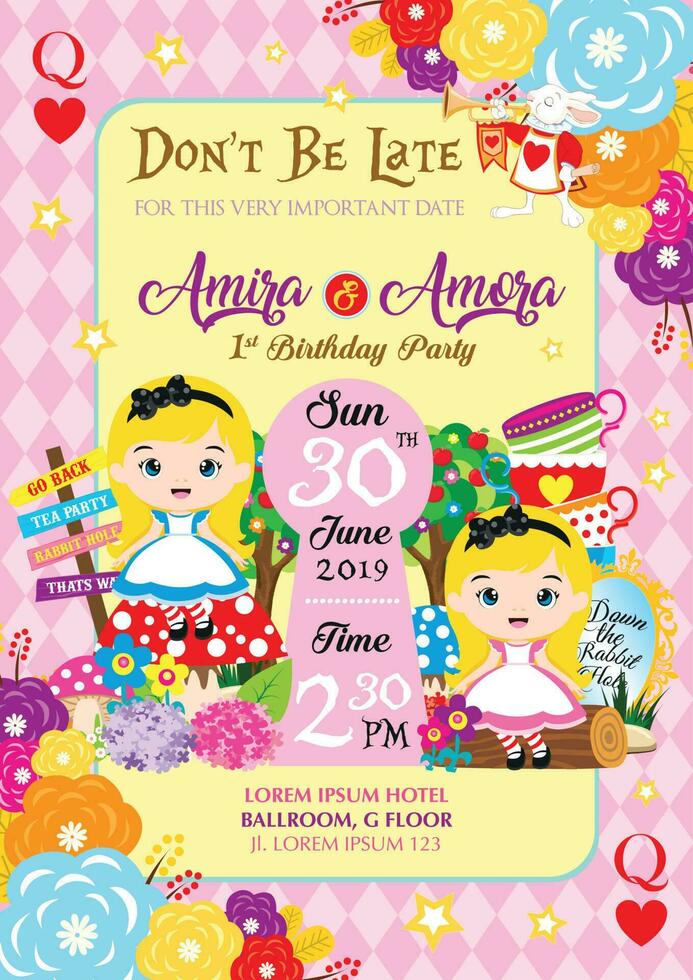 twins tea birthday party invitation with two little girl vector