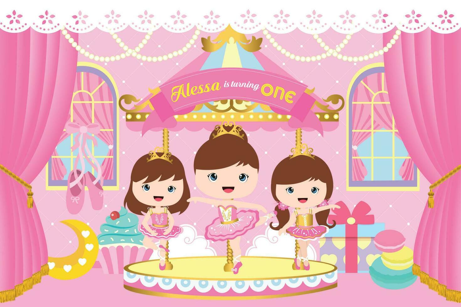 Carousel Party Backdrop with three cute ballerina vector