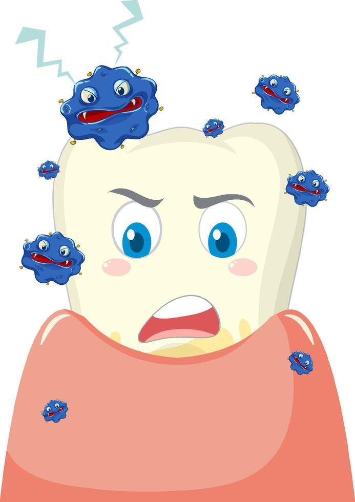 Yellow teeth and bacteria on white background vector