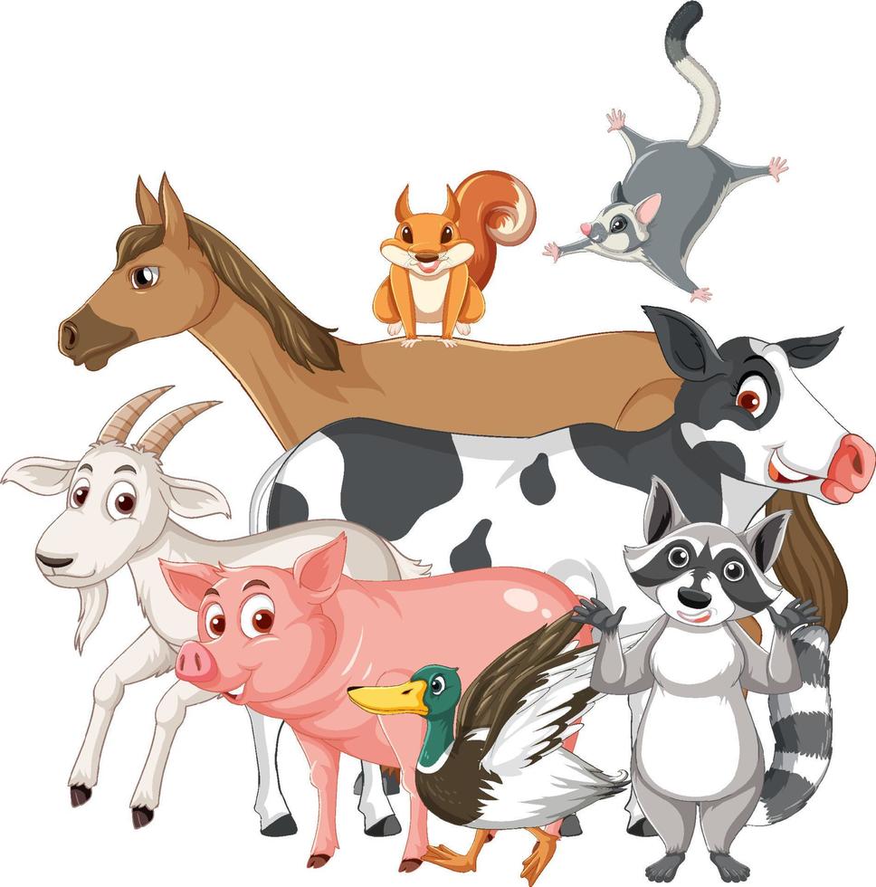Many farm animals on white background vector