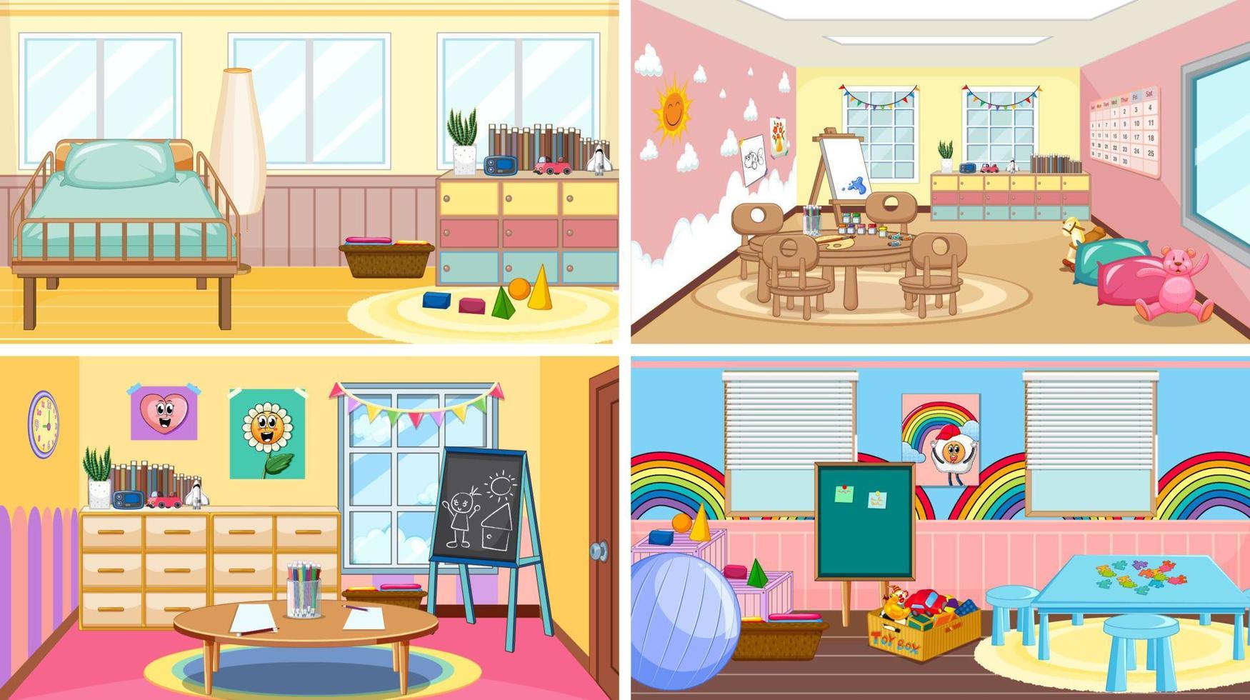 Set of different kindergarten classroom scenes vector