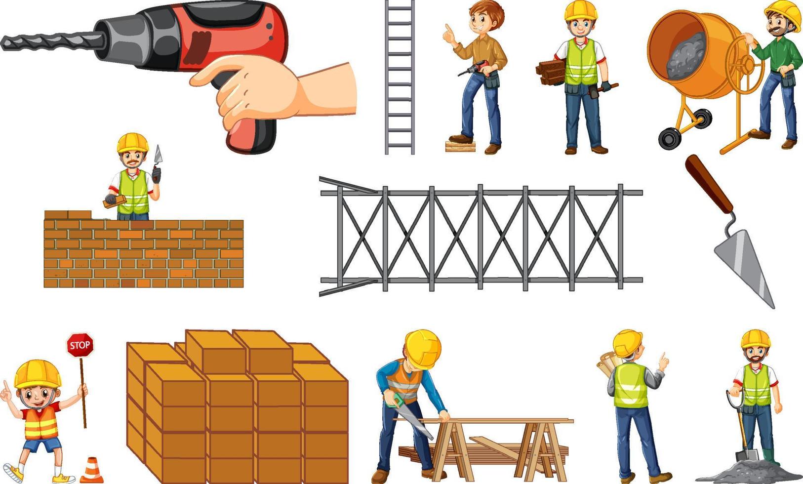 Construction worker set with man and tools vector