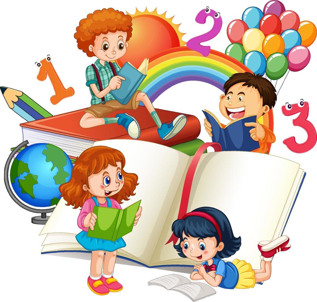 Four children are reading books on a stack of books vector