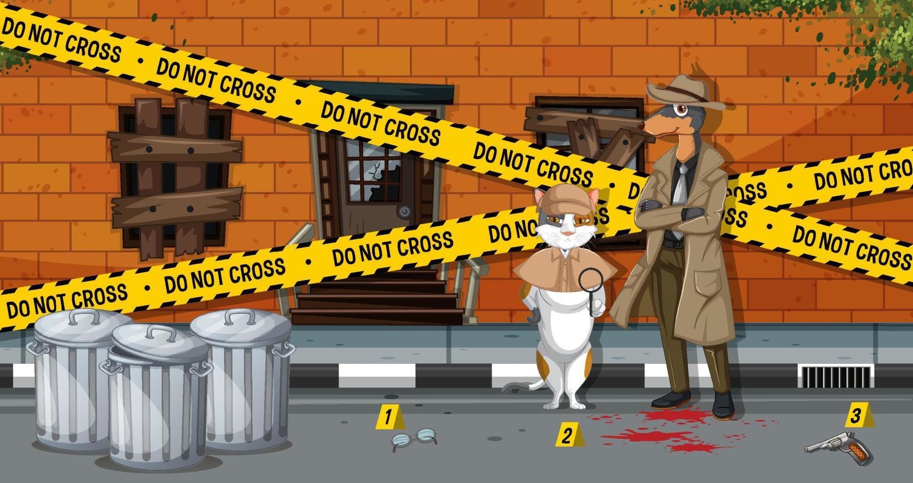 Detective cat and dog looking for clues in template vector