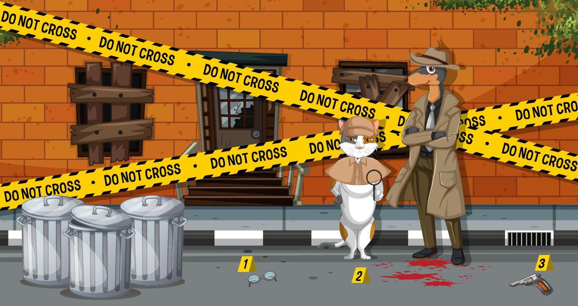 Detective cat and dog looking for clues in template vector