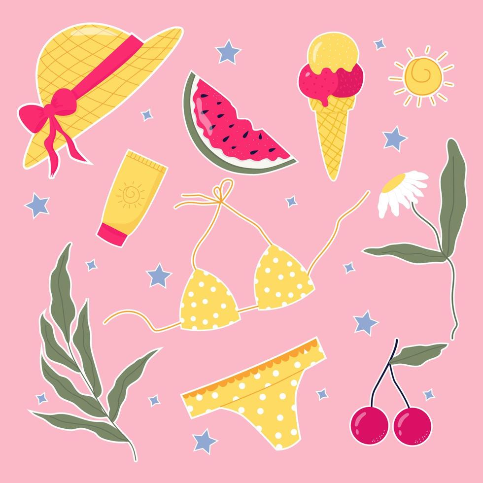 juego de verano de pegatinas sandía, sombrero, traje de baño, cereza, protector solar, manzanilla, rama de palma, sol y helado dulce. vector