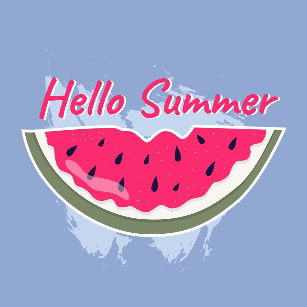 Trendy summer sticker of a bright bitten watermelon. The inscription hello summer. Colorful postcard modern illustration for web and print. vector