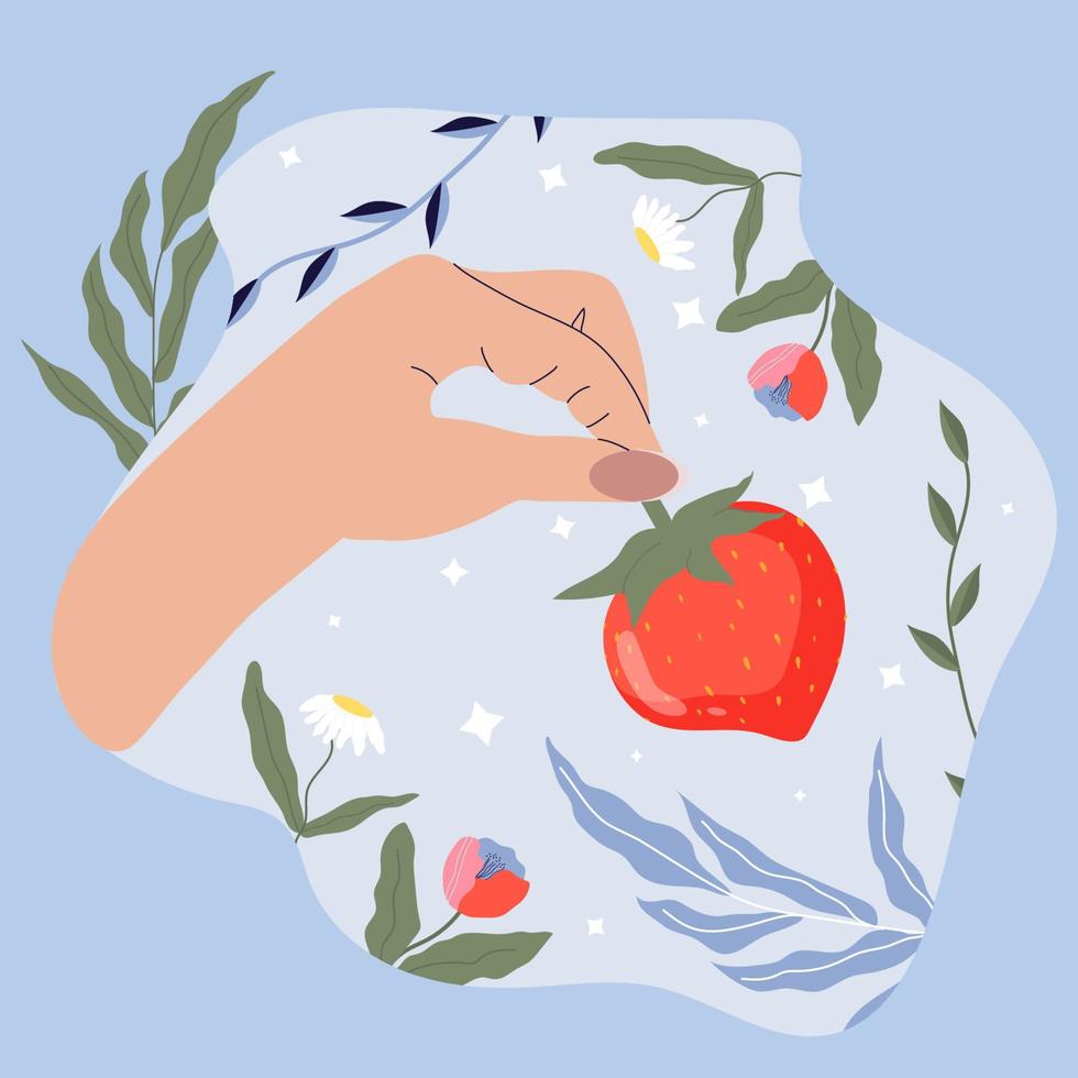 mano sosteniendo una rama de fresa. ilustración de fresas rojas. una mano de dibujos animados de moda sosteniendo fresas rodeadas de flores. ilustración moderna para diseño web e impreso. vector