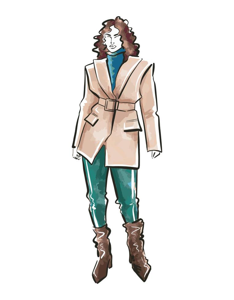 Girl in a jacket. Watercolor hand-drawn fashion illustration . Girl in a costume vector