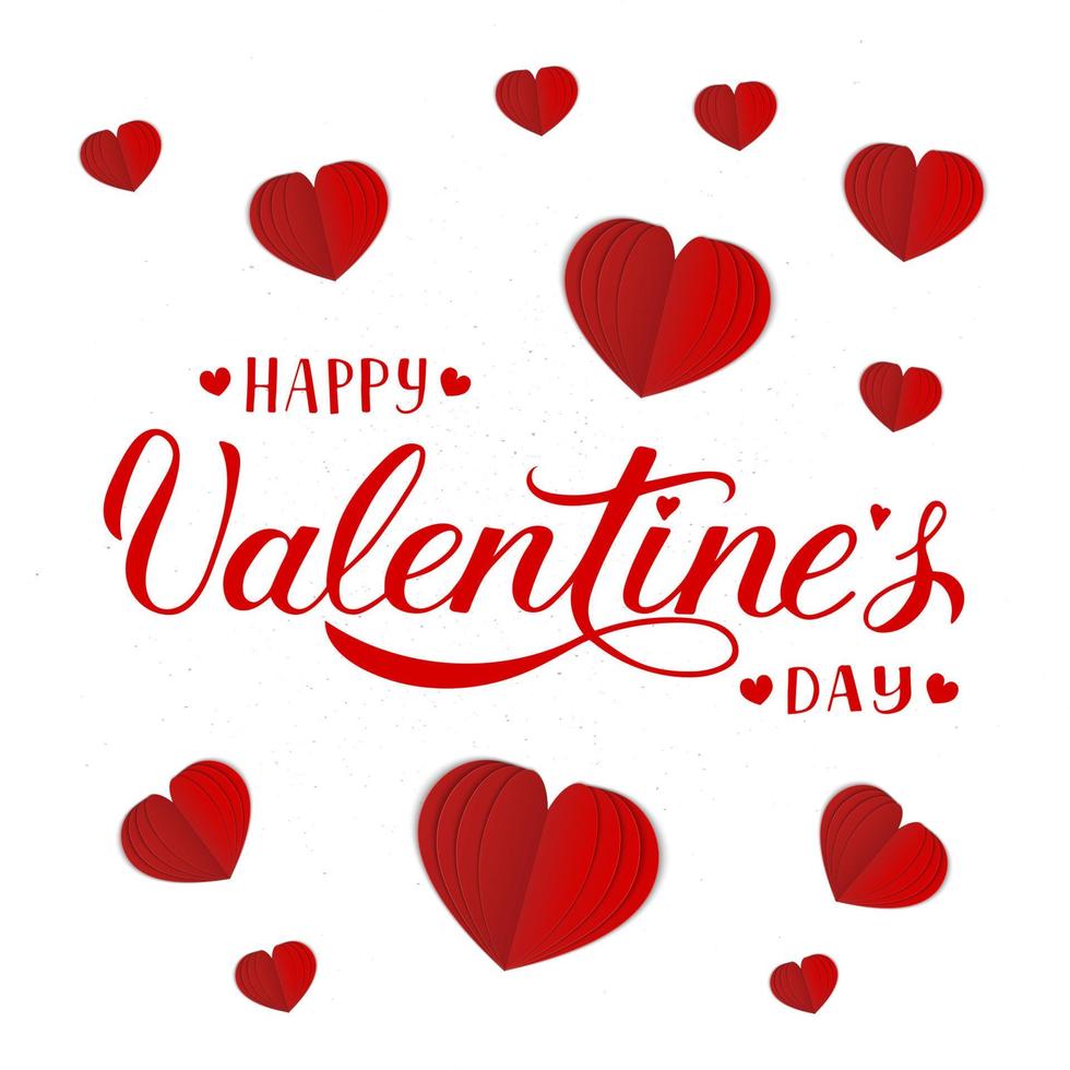 Happy Valentine s day banner with calligraphy hand lettering and 3d paper cut hearts. Valentines day greeting card. Vector illustration. Easy to edit design template.