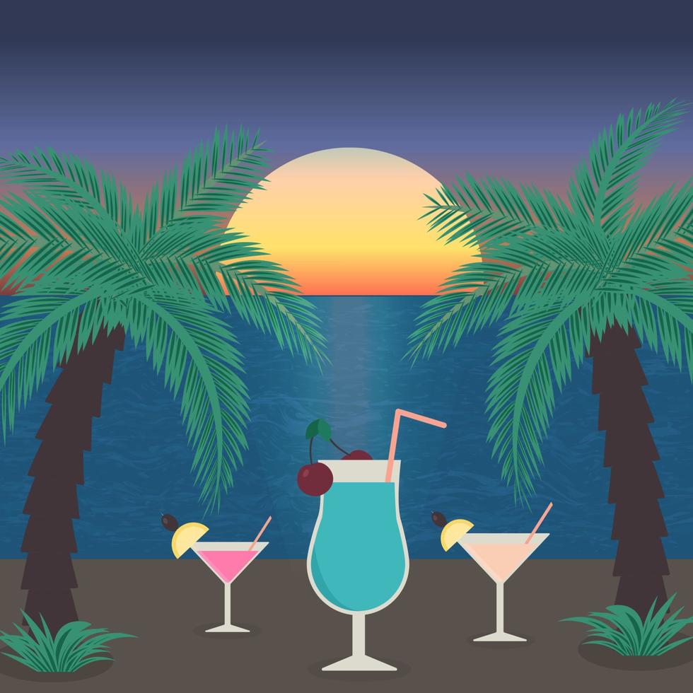 Sunset beach with sea, palm trees and glasses of cocktails. Tropical beach party vector illustration. Vacation and relax concept.