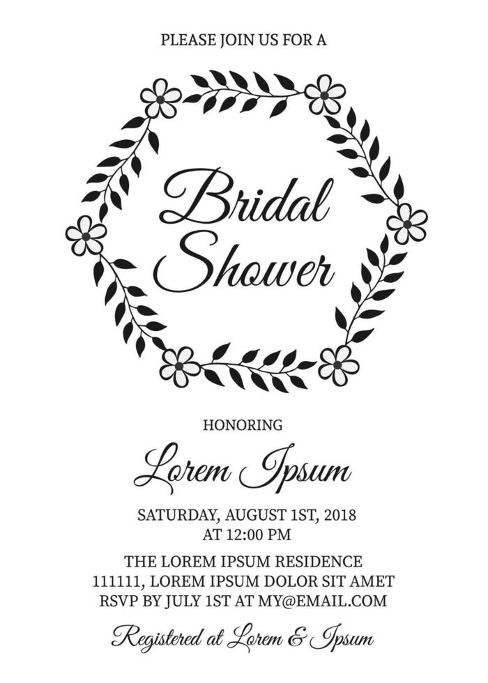 Bridal shower invitation card with hand drawn wreath of leaves. Vintage floral bridal party invite. Wedding stationery. Vector illustration. Easy to edit template for your design projects.