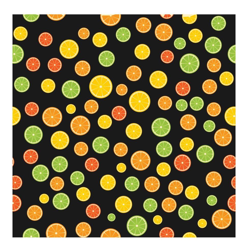 Colorful citrus seamless pattern. Slices of orange, lime, lemon, grapefruit on black background. Fresh juicy fruits vector illustration. Template for package, fabric and restaurant menu.
