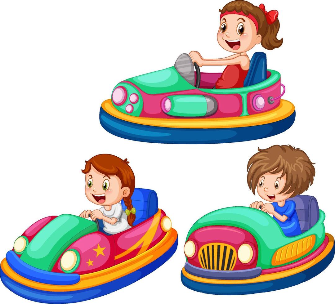 conjunto de diferentes niños conduciendo autos chocadores en estilo de dibujos animados vector