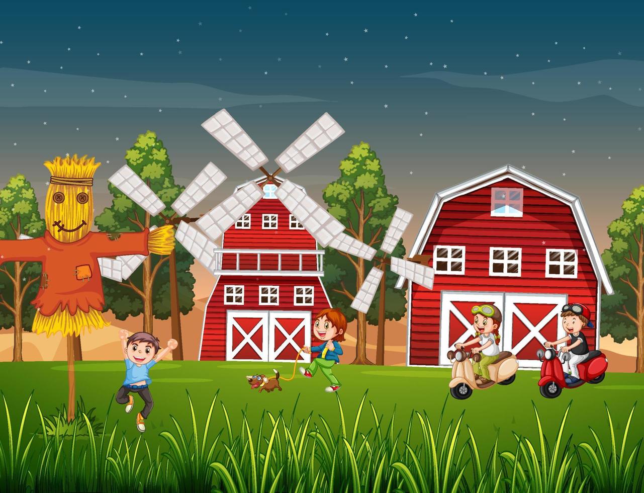 Happy kids in farm landscape vector