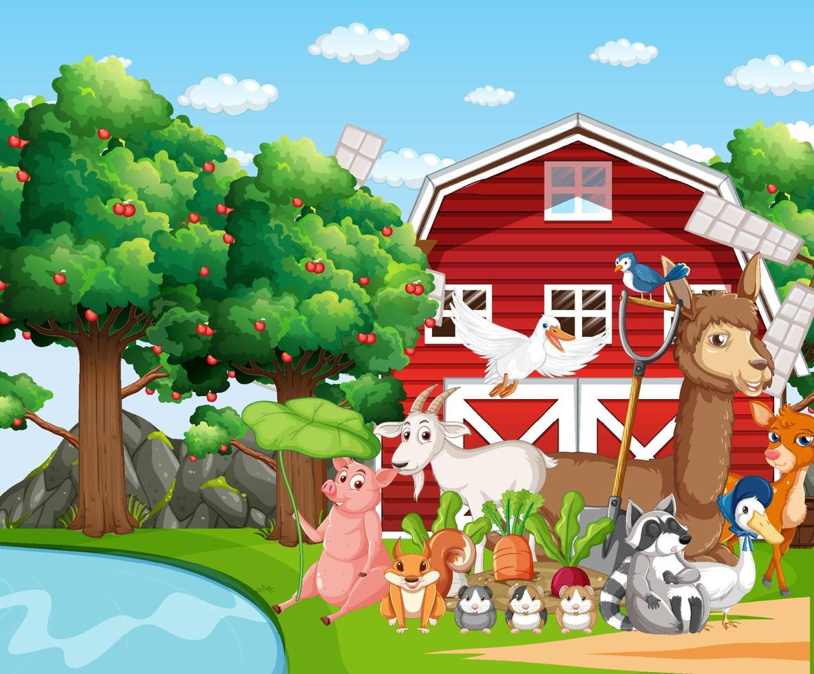 Farm scene with many animals by the barn vector