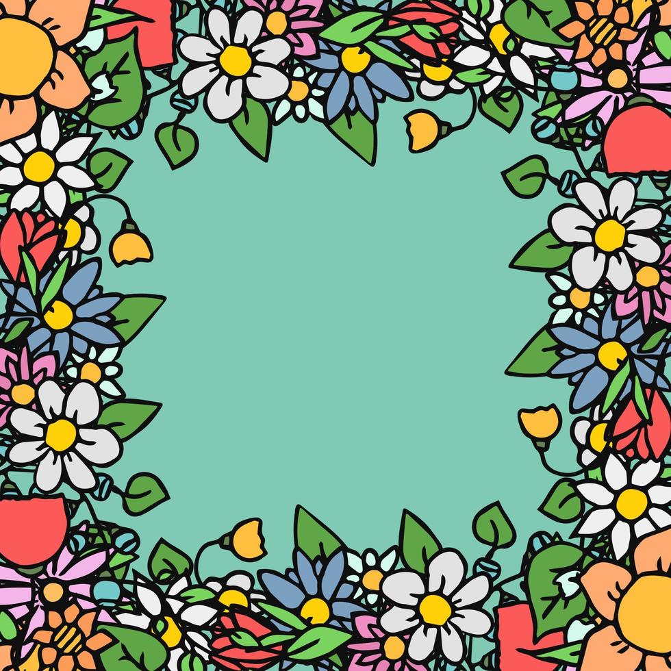 Colored vector flowers icons with place for text. Doodle vector frame with flowers icons