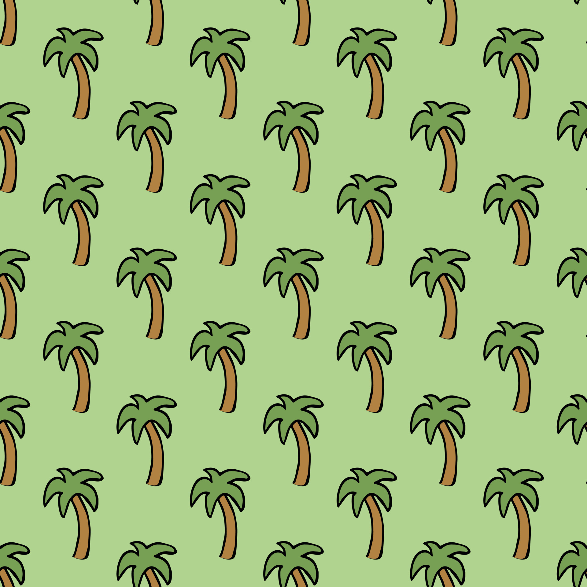 Seamless palm pattern. Colored palm background. Doodle tropic pattern