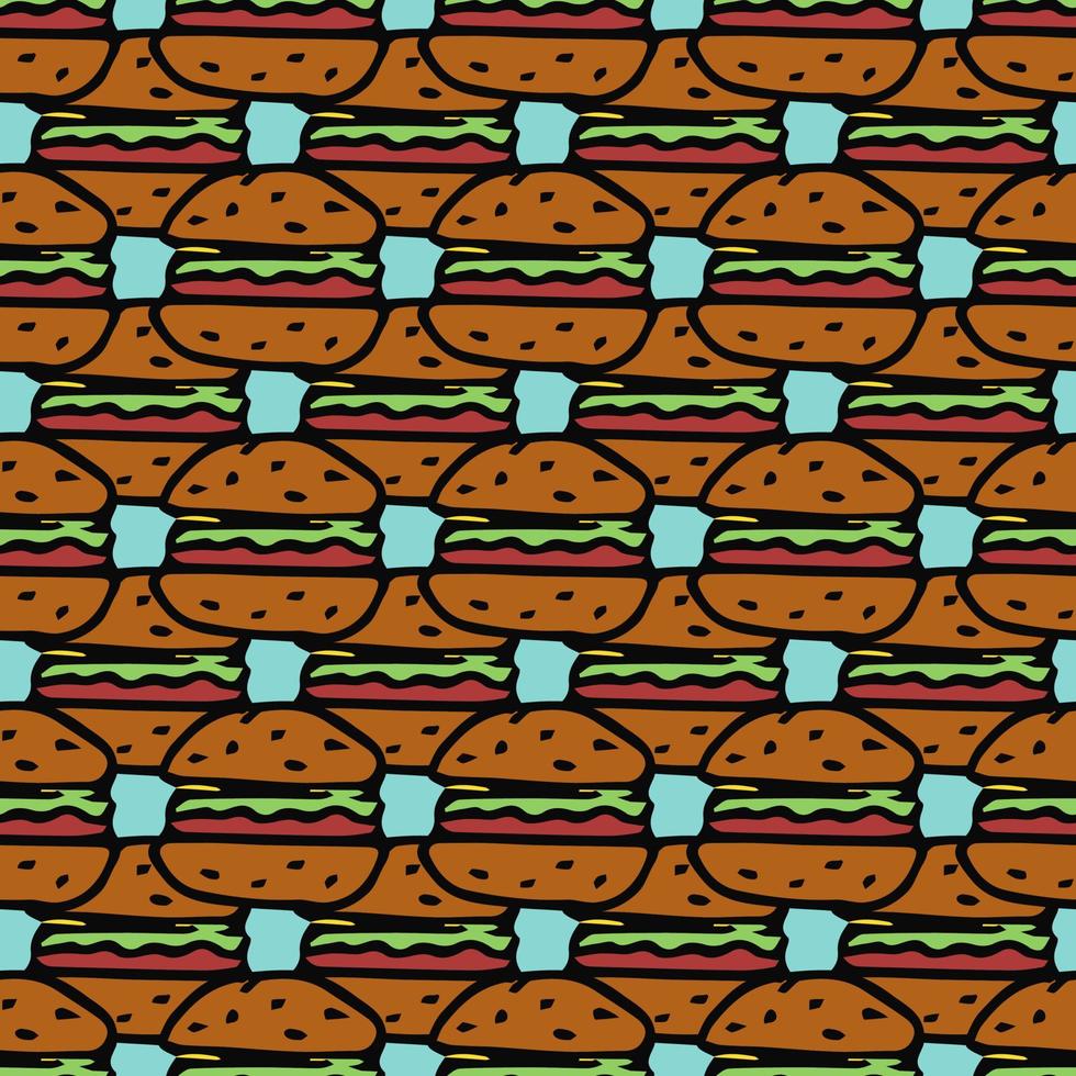 Seamless pattern with burger icons. Colored hamburger background. Doodle vector burger illustration