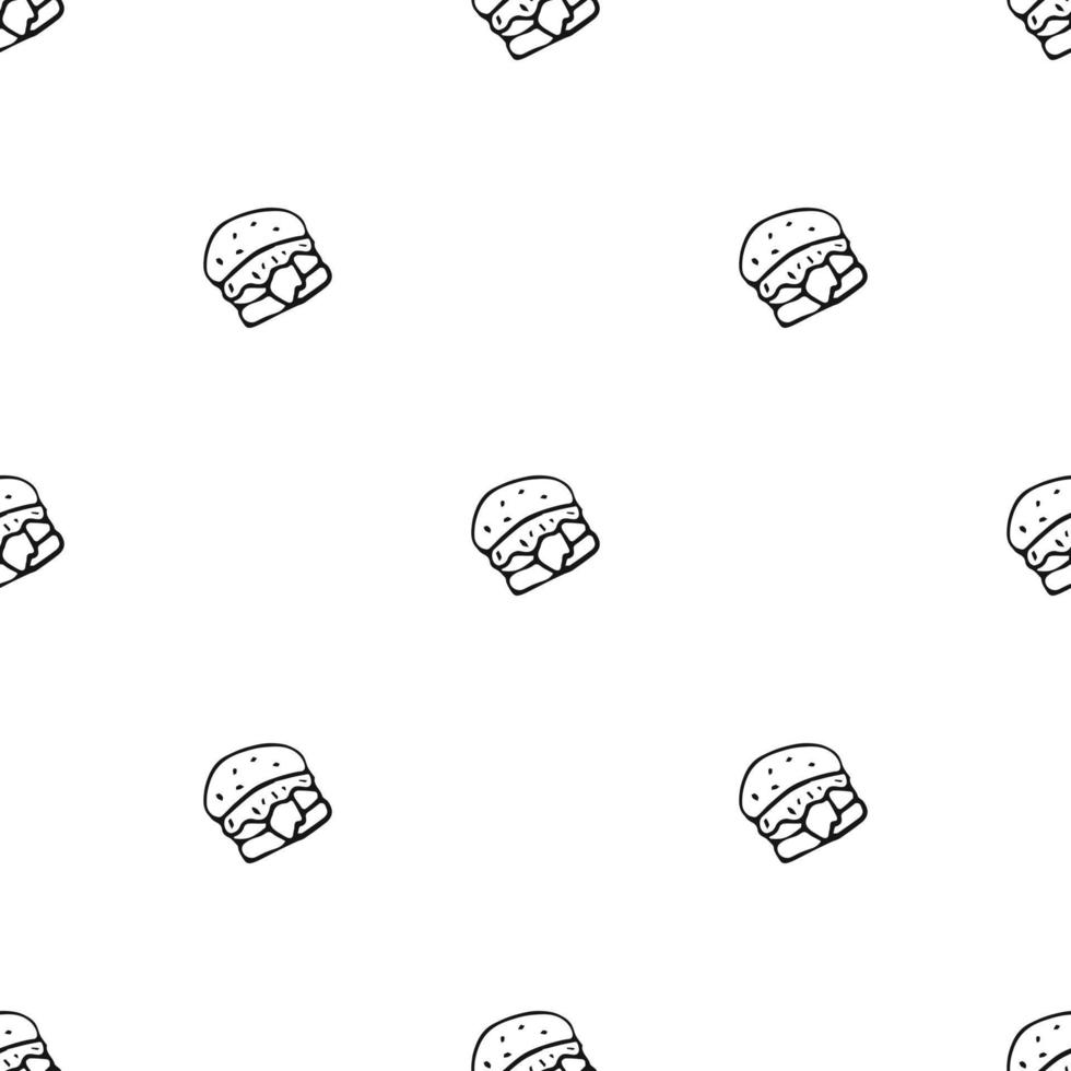 Seamless pattern with burger icons. Black and white hamburger background. Doodle vector burger illustration