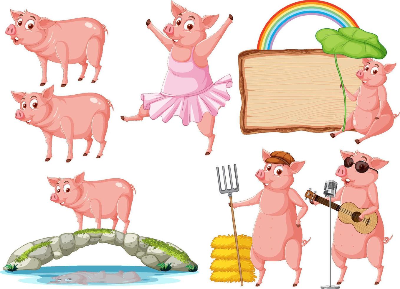 conjunto de diferentes cerdos de granja en estilo de dibujos animados vector