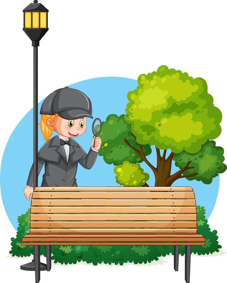 Detective looking for clues with magnifying glass on white background vector