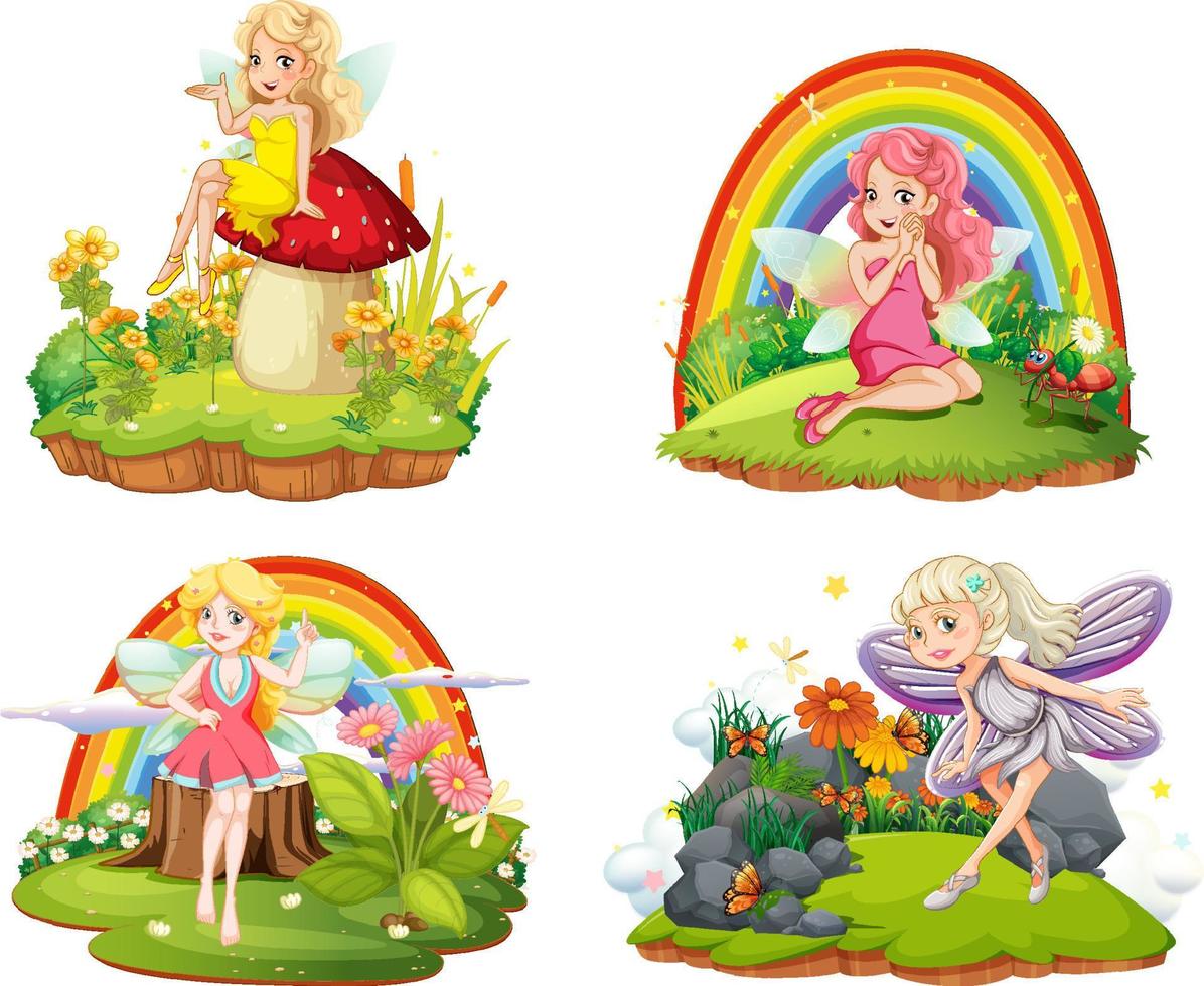 Set of isolated fantastic forests with beautiful fairies vector