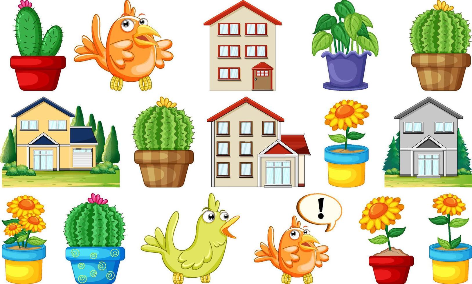 Different house designs and cute birds vector