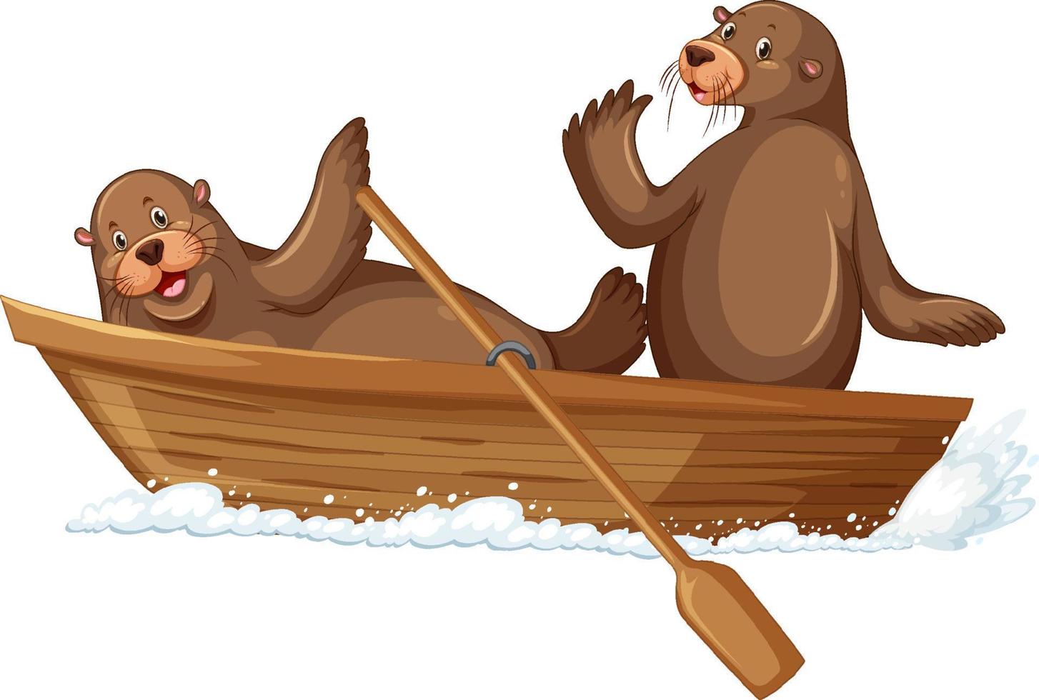 leones marinos en un bote de madera al estilo de las caricaturas vector