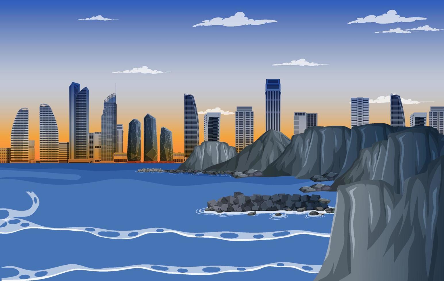 playa ciudad al amanecer fondo vector