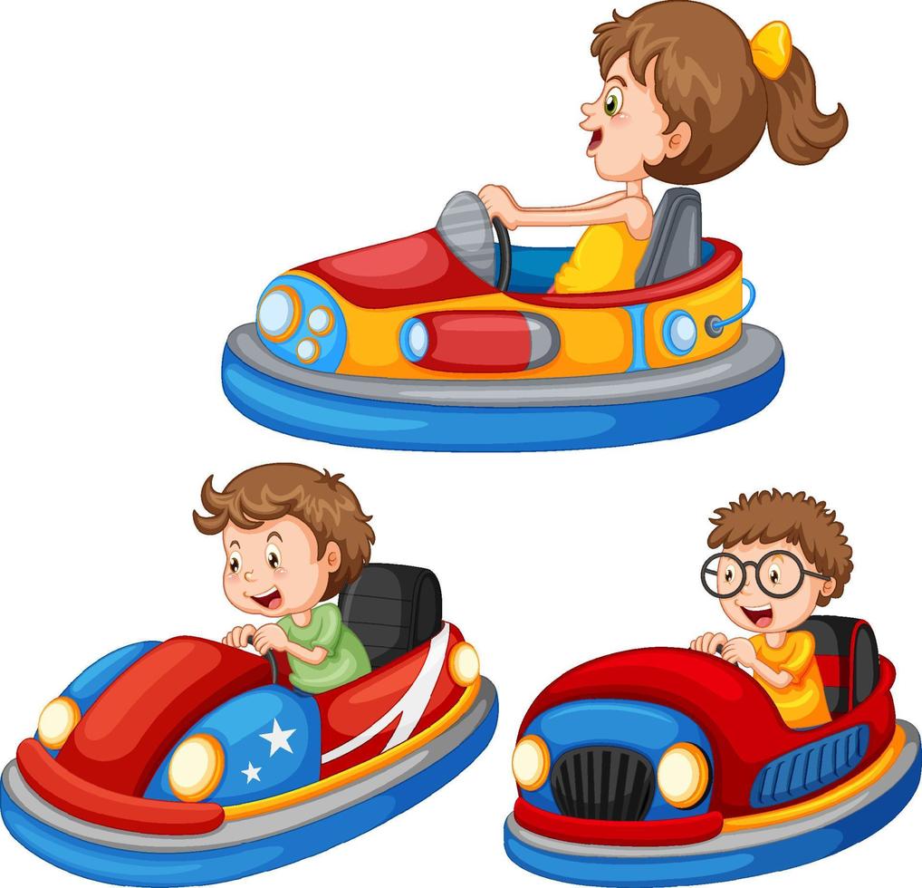 Set of different kids driving bumper cars in cartoon style vector