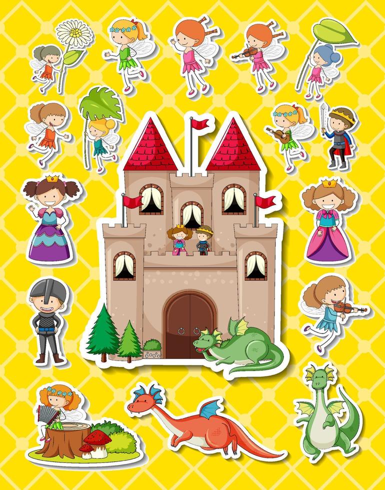 Sticker set of fantasy fairy tale cartoon characters vector