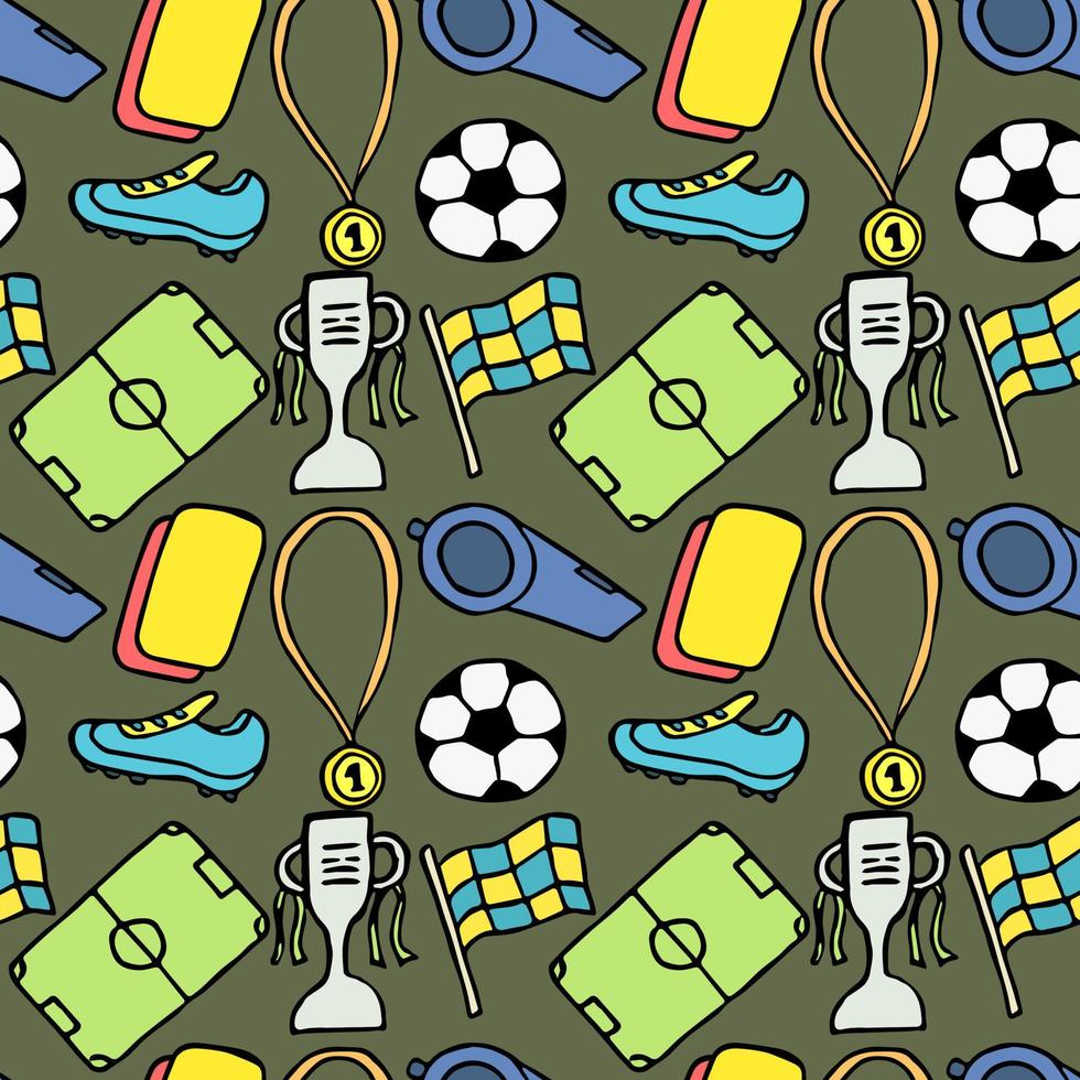 patrón de fútbol sin costuras. doodle ilustración de fútbol con una pelota de fútbol, copa de campeonato, zapatos, campo de fútbol. vector