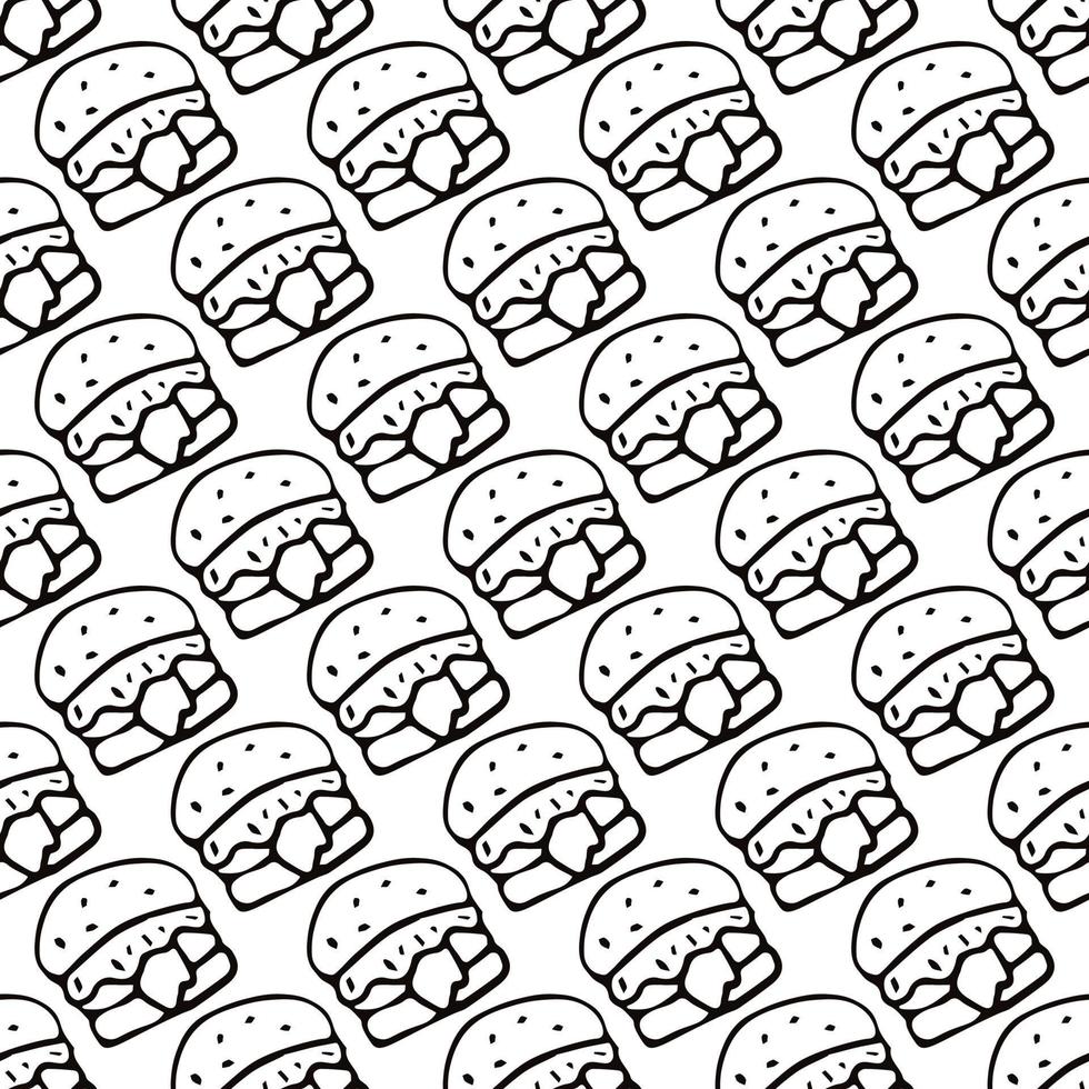 Seamless pattern with burger icons. Black and white hamburger background. Doodle vector burger illustration