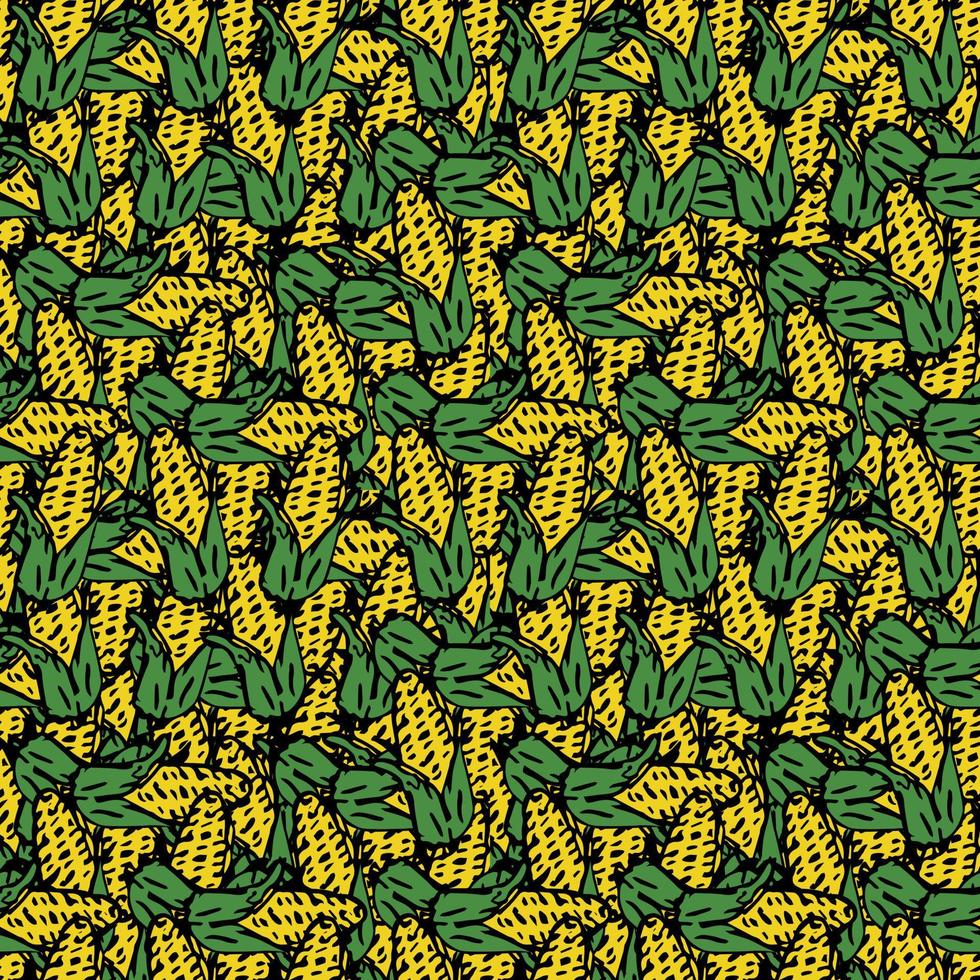 Seamless pattern with yellow corn icons. Colored corn background. Doodle vector illustration with vegetables