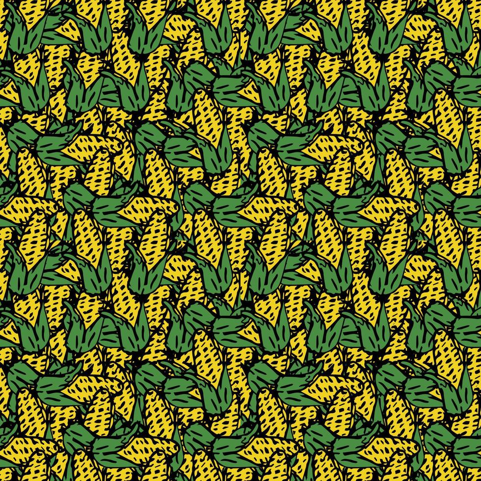 Seamless pattern with yellow corn icons. Colored corn background. Doodle vector illustration with vegetables