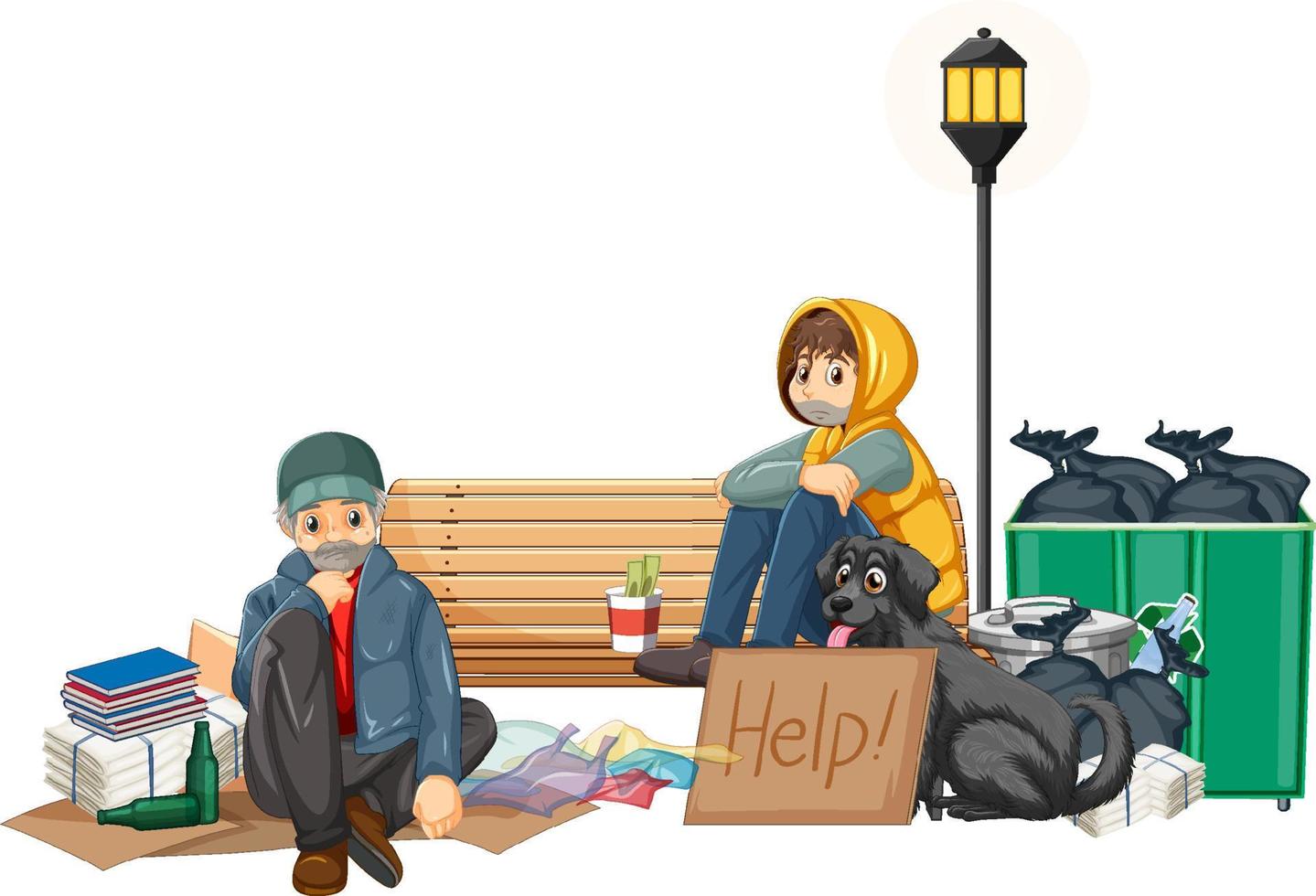 Homeless people near garbage vector